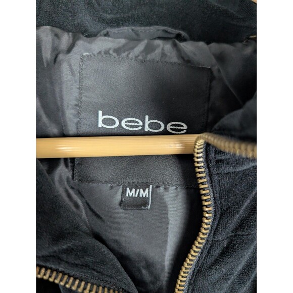 bebe Jacket Womens Medium Black Puffer Hooded Quilted Snap Zip Logo Patch Coat - Picture 7 of 11
